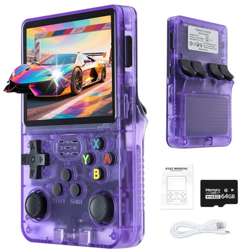 Unokit R36S Handheld Retro Game Console, 3.5 Inch IPS Screen with Open Source Linux System, 64G TF Card 10,000+ Retro Classic Games, 3200mAh Battery, handheld games consoles, Purple