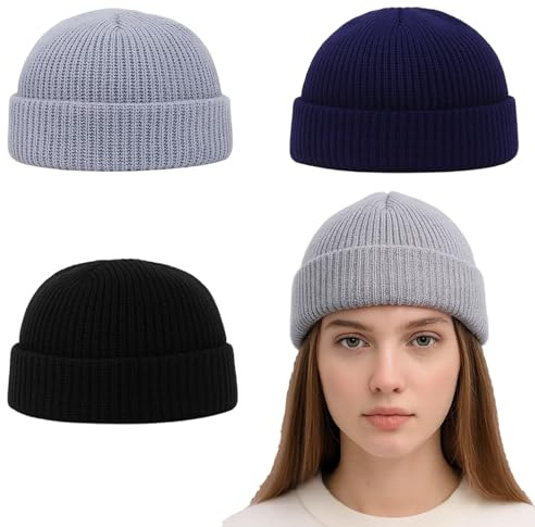 EujRcf 3 PCS Winter Beanie Hat, Wooly Hat for Men, Roll Up Edge Skullcap Fisherman Beanie, Warm Winter Hats for Outdoor Activities, Fashion Wear Light Gray, Navy Blue and Black, Winter Gifts