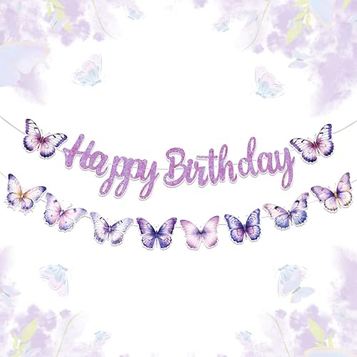 2 piezas decoración de cumpleaños violeta con mariposas banderola de feliz cumpleaños guirnalda de mariposas accesorios para fiestas bandera de regalos para casa jardín habitación interior exterior