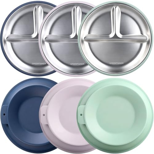 Greentainer Edelstahl Baby Teller,3 Stück Silikon Kinderteller mit 3 Saugnäpfen, Edelstahl Teller Baby, BPA-frei, Rutschfeste, Abnehmbare Silikonhülle, Babyteller, Kinderteller,Farben mischen