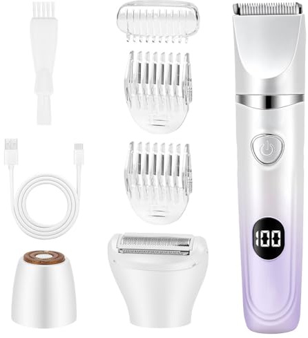 AYBUY Rasoio elettrico per donna, 3-in-1 Depilatore Corpo Donna, 3 Testine e 3 Pettini GuidaIndolore Rasoio Parti Intimer Impermeabile IPX6 per Viso, Bikini, Gambe, Led Display, Viola sfumato