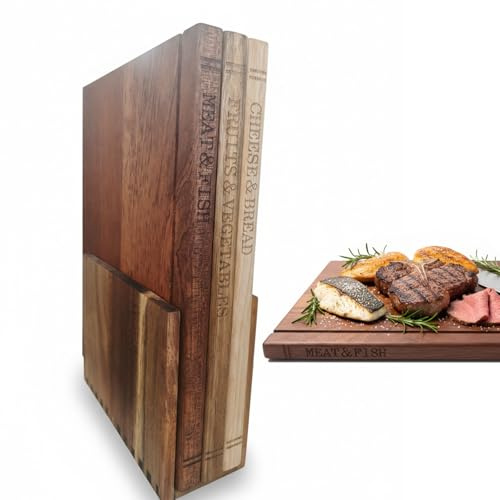 Set di 3 Taglieri in Legno di Acacia, Tavola da taglio Grande 33x25.5cm con Supporto, Codificati per Carne, Verdure, Pane, Regalo per Cucina, Ideale per Coppie,Cutting Board for Kitchen