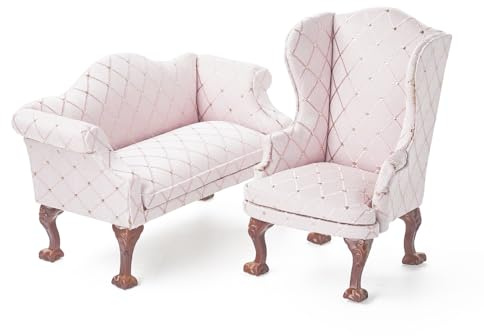 Odoria Casa de Muñecas Sofá Miniatura: Escala 1/12 Sillón Individual Sofá Doble de Lujo para Salón Oficina Dormitorio Victoriana Vintage Rosa - Mini Mueble Madera Sala de Estar