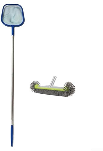 Set di pulizia per piscina, 3 pezzi, spazzola rotonda, rete piatta, asta telescopica in alluminio a 5 sezioni, kit di pulizia per piscine e laghetti