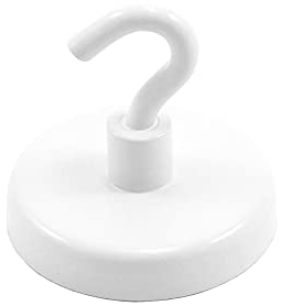 Ferrite White Painted Clamping Magnet with M6 Hook for Hanging, Holding or Displaying Items - 50mm Dia - 21.3kg Pull