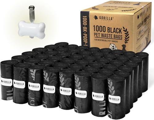 GORILLA SUPPLY Dog Poop Waste Bags with Dispenser and Leash Tie, 9 x 13, Black, 1000 Count