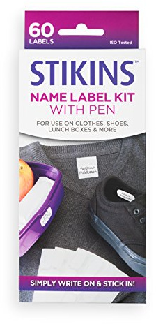STIKINS® Name Label Kit with Pen, 60x Plastic Write-On Labels (Pen Included), Washer and Dryer Safe, No More Ironing or Sewing, Just Write, Peel and Stick in