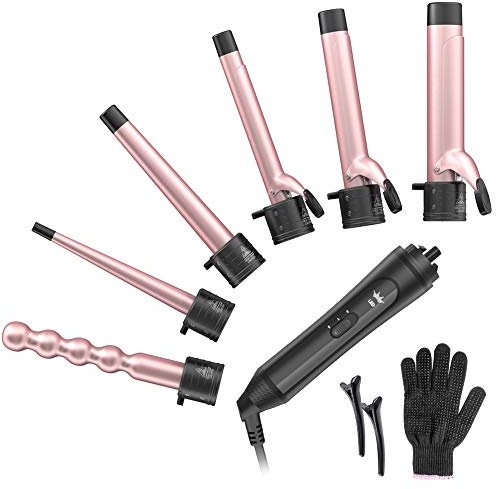 6-in-1 Curling Iron, Professional Instant Heat Up Hair Curling Wand Set with 6 Interchangeable Ceramic Barrels (0.35'' to 1.25'') and 2 Temperature Adjustments, Heat Protective Glove & 2 Clips