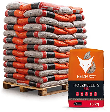 HEIZFUXX Holzpellets Red Palette 975 kg (65 x 15 kg) - 6mm Hartholz Pellets mit hohem Heizwert & geringem Ascheanteil - Premium Heizpellets als Sackware für Feuerrohr, Kamin, Ofen oder Grill