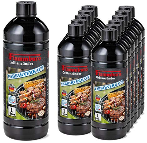 FLAMMBURO Encendedor de barbacoa (12 litros) 1000 ml directamente del fabricante alemán, líquido 1 l, encendedor líquido 1 l, certificado DIN de calidad fabricado en Alemania, 12 x 1 l = 12 litros
