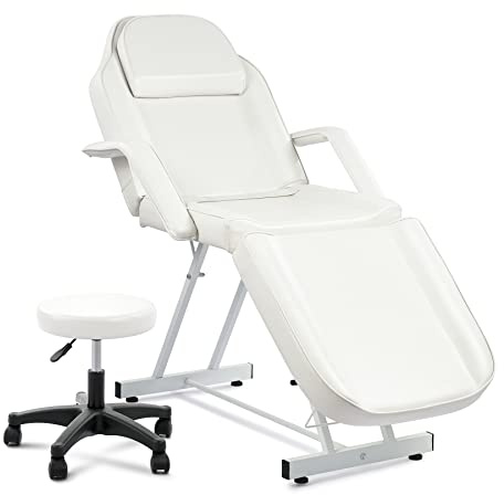 VONLUCE Beauty Bed, Adjustable Multiple Level Steel Frame 3 Section Leather Massage Bed 150kgs/330lbs Max Weight Capacity, Detachable Armrest & Headrest Massage Table Beauty Table, White