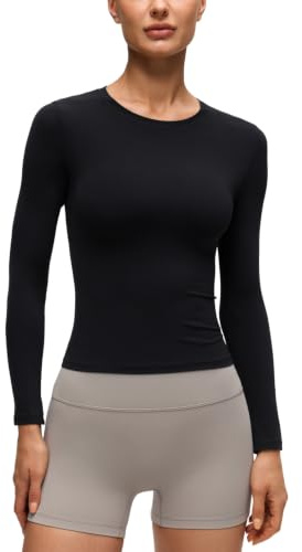 CRZ YOGA Softembrace Crewneck Long Sleeve Shirts for Women - Casual Going Out Tops Soft Basic Fitted Tight Fall T-Shirts Black Small