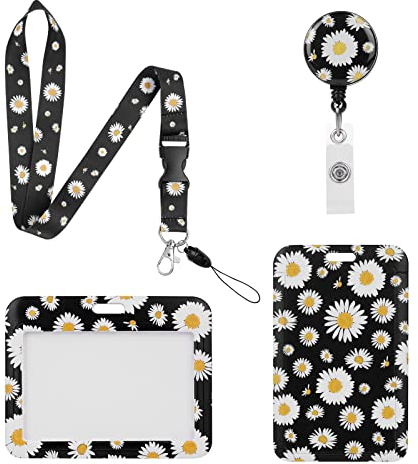 Vicloon Lanyard mit ID Kartenhalte, 2 Stücke Einziehbare Badge Holders Ausweishülle, Ausweishalter mit Clip, Schlüsselbänder mit Schnellverschluss Schnalle, für Lehrer, Doktor, Student(Gänseblümchen)