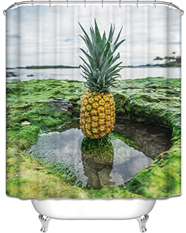 EHOMERY Duschvorhang Klammer Duschrollo Vertikal Pfütze Ananas Blauer Himmel Und Weiße Wolken Duschvorhangklemme Duschrollo Für Fenster Ohne Bohren Polyester 12 Hakenringe, 90X180Cm