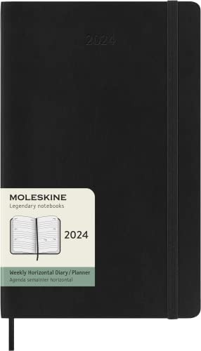 Moleskine Horizontal Weekly Agenda 12 Months 2024, Agenda 2024, Size Large 13x21, Soft Cover and Elastic Closure, Colour Black