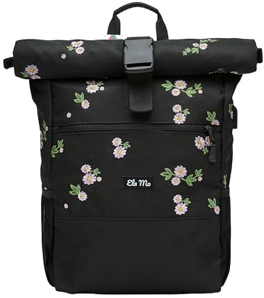 Ela Mo® Rolltop Rucksack Damen - Rollrucksack Anti Diebstahl für Sport & Reisen - Laptoprucksack für Schule, Uni, Business - Mit USB Anschluss & kompaktem Flaschenhalter - Upsy Daisy