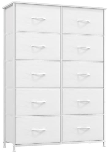 Somdot Tall Chest of Drawers for Bedroom with 10 Drawers, Wide Storage Organiser Fabric Dresser for Closet Bedside Nursery Living Room Entryway Hallway, White Leather