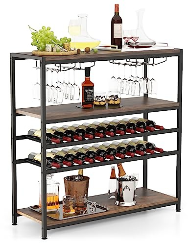 COSTWAY 5-stufiger Weinregal mit Glashalter & Regalen, Flaschenregal freistehend, Weinschrank für Wohnzimmer, Esszimmer und Buffet, rustikales Braun