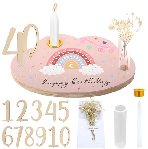 ysister Geburtstagsteller aus Holz Mit Geburtstagskerze Vase Jahreszahlen 0-9,1. Geburtstag Kinder Geschenk Personalisierter Geburtstagsteller,Für Jungen Mädchen Erwachsene