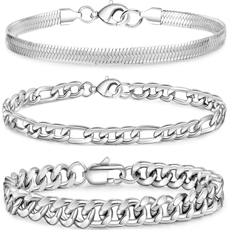 Lilbitty 3 delar herrarmband set, 21 cm titanstål silver armband, snygga herrarmband, kedjearmband, Figaro, kubansk länk, presentidéer smycken