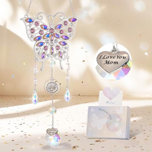Emibele Crystal Suncatcher for Mom, Butterfly Suncatcher with Heart Charm I Love You Mom, Sun Catcher Gifts for Mother, Hanging Butterfly Home Decoration, Birthday, Sliver