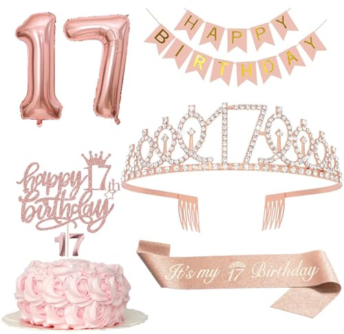 Decorazione per 17° compleanno ragazza, 17° compleanno corona e fascia, striscione Happy Birthday, decorazione torta e candele, palloncino in pellicola oro rosa 17, regalo di compleanno per 17 anni