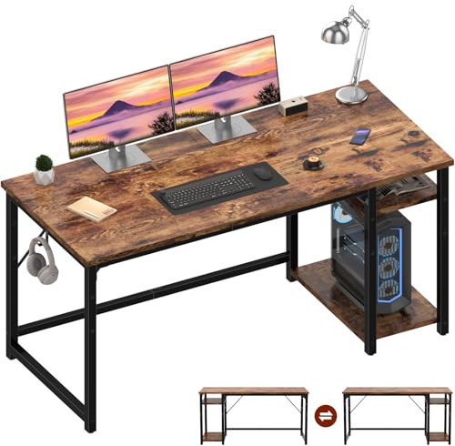 JUMMICO Schreibtisch 140cm mit Regalen, Tisch mit Stauraum, stabile Stahlkonstruktion – Rechts- oder Linksschreibtisch – Rustikales Braun