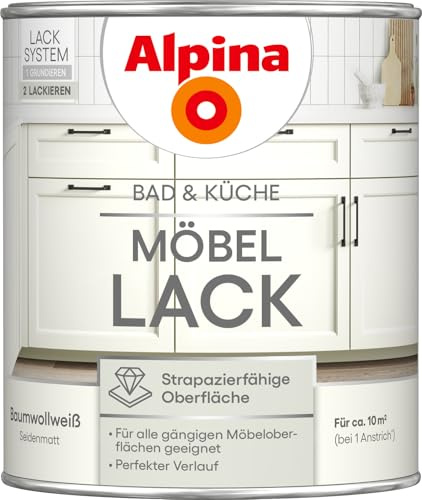Alpina Bad & Küche Möbel-Lack Baumwollweiß – seidenmatter Lack für Bad- & Küchenmöbel aus Holz & MDF, streichfertig, hochdeckend & feuchtraumgeeignet, ideal für DIY-Renovierung – 0,75L