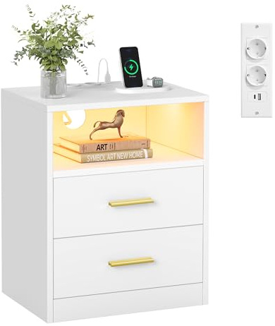 VASAGLE Custos Colección - Mesita de Noche con Estación de Carga, Luz LED, Mesa Auxiliar con Cajones, Estante Abierto, 2 Tomas CA y Puertos USB, Blanco Nube LET629WB01