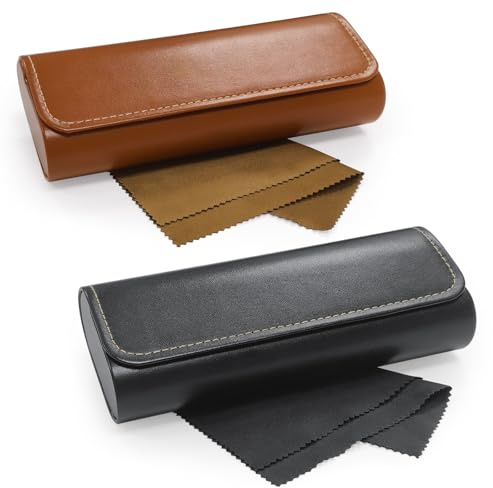 Feruchun 2 Pièces Étui Lunettes Cuir,Boîte à Lunettes avec Chiffon de Nettoyage pour Femmes Hommes,Organisateur Portable (Noir + Marron)