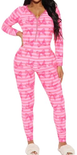 BABWWNIX Valentines Jumpsuit for Women V Neck Long Sleeve Pajama Rompers Overalls Heart Print One Piece Sleepwear Loungewear (Rose Red, M)