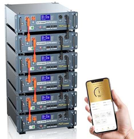 Batterie LiFePO4 48V 600Ah (6 unités, 30,72 kWh). WiFi/Bluetooth, extinction incendie auto, BMS 100A intégré, kit rack 3U inclus. Pour stockage solaire et secours domestique.