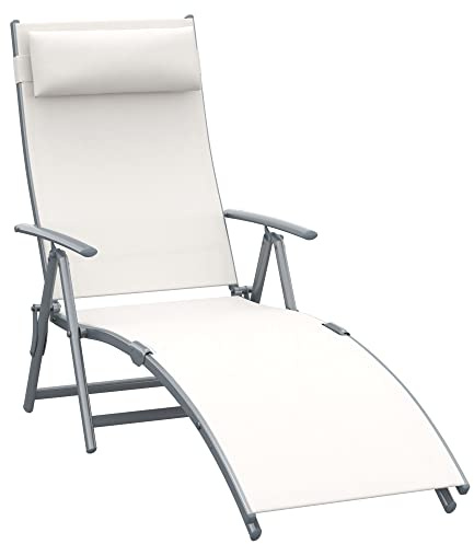 Outsunny Tumbona Plegable con Respaldo Ajustable 137x63,5x100,5 cm Beige | Tumbona de Jardín Exterior, 7 Niveles, Almohada, Reposabrazos, Carga 165 kg, Piscina Terraza Camping