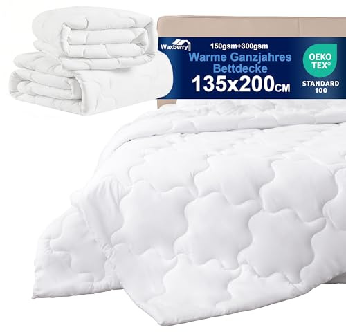 Waxberry 4 Jahreszeiten Bettdecke 135x200, 2 Teilig Set - Winterdecke 450gsm - Ganzjahresdecke 300gsm + Sommerdecke 150gsm, Weiche Steppdecke Waschbar Anti-Allergisch, Weiß