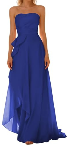 BRIGOW Vestidos de dama de honor sin tirantes fluidos de talle alto-bajo, vestido de graduación línea A de gasa para fiestas formales de noche BY084, azul real, 46