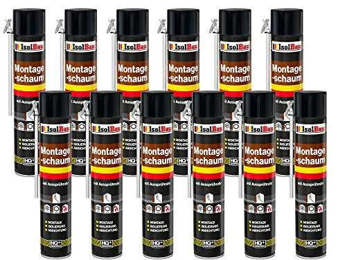 Isolbau Mousse de construction B2 avec tuyau de pulvérisation - Mousse adaptateur en polyuréthane pour le montage, l'isolation, l'étanchéité, l'intérieur et l'extérieur - 12 x 750 ml