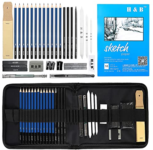 H & B Professionelle Zeichensets Skizzierstifte Zeichnung Bleistifte Werkzeug Geeignet für Künstler Student Lehrer Anfänger(inkl. Skizzenbuch 33Stück) Profi Art Set mit und Kit Bag
