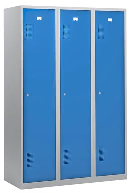 EUROKRAFT Basic | Vestiaire Amsterdam | 3 compartiments, gris clair / bleu clair, largeur 1200 mm, serrure à cylindre