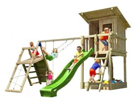 MASGAMES | Parque Infantil Torre Beach Hut | @Challenger: Columpio de Dos plazas con Pared de Escalada y Red de trepar | Altura Plataforma casita de 120 cm | Anclajes incluidos | Uso doméstico |