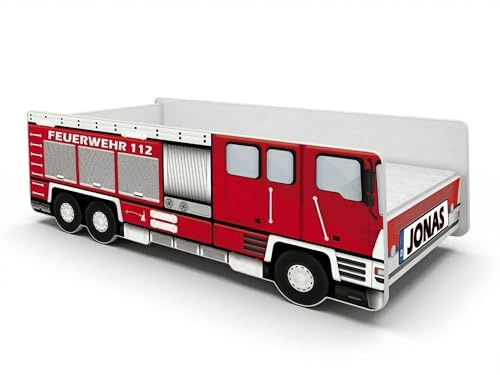 ACMA Feuerwehrbett Kinder Autobett 140x70 cm mit Matratze und Lattenrost, Juniorbett Feuerwehrauto mit Personalisierung - Name