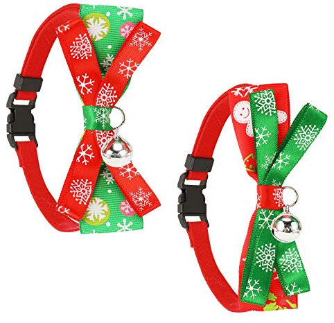 QKURT Lot de 2 colliers de Noël réglables pour chat avec nœud papillon à double étage, grelot, anneau de cou à motif de Noël | Nœud papillon en nylon pour petit animal de compagnie chat chiot