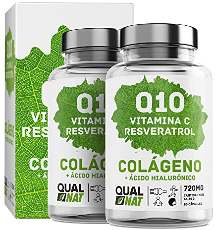 Coenzima Q10 con Resveratrol, Vitamina C, Colágeno y Ácido Hialurónico - Ayuda a Fortalecer Piel, Huesos y Articulaciones - 180 Cápsulas- QUALNAT