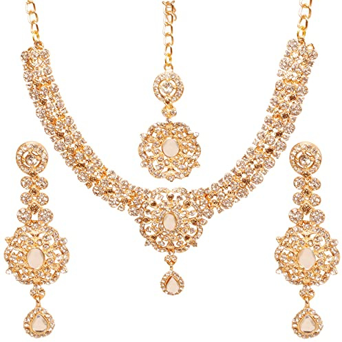 Touchstone Indian jewelry sets for women gold wedding tikka necklace set guest costume fancy bridal jewellery rhinestone crystal elegant formal prom evening wear dainty accessories