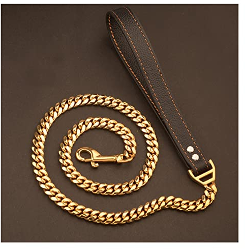 BJTYHT Haustierhalsband Hundeleine Pet Blei Edelstahl 14mm Gold Hund Kette Kragen Blei Pet Leder for kleine große Hunde Pitbull Bulldog Collar Leine (Color : 14mm Gold, Size : L 100cm)