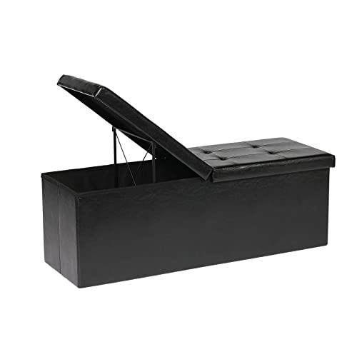Bonlife Extra Large Folding Ottoman Storage Box,Faux Leather Toy Storage Chest,Window Seat with Storage Trunk,End of Bed Bench,Black 110x38x38cm