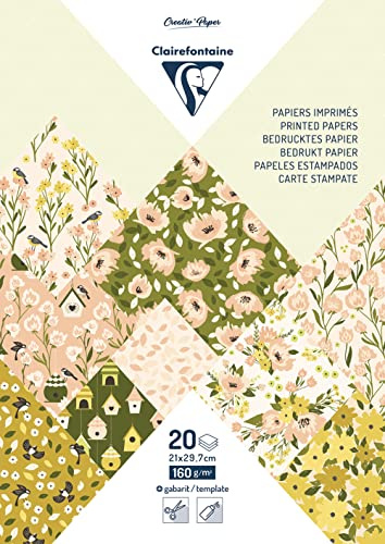Clairefontaine 95546C - Bloc de 20 Feuilles à Motifs Printemps Format A4 (21x29,7cm) 160g/m² + 2 planches d'étiquettes à découper + Idée Créative - Papier Scrapbooking Loisirs Créatifs