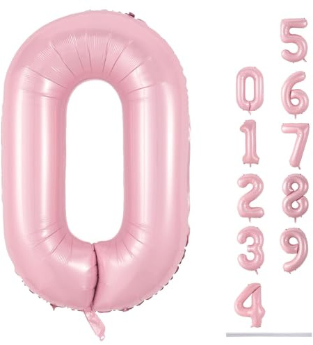40 Balloon Number 0 Pastel Pink, Large Foil Light Pink Number Balloons Set 0-9 for Girls, Helium 0 Balloons for Women Birthday Anniversary Graduation New Year Party Decoration Supplies