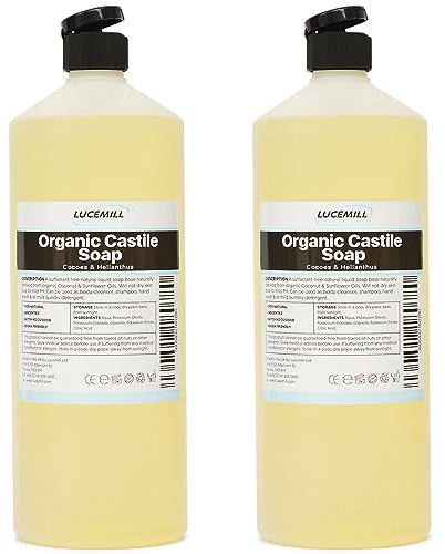 Lucemill Organic Castile Liquid Soap I 2 x 1 Litre I 100% Pure Certified Natural Soap I Gentle On Skin and Best For Body Wash Shampoo & Laundry Detergent I Comes with Flip Top