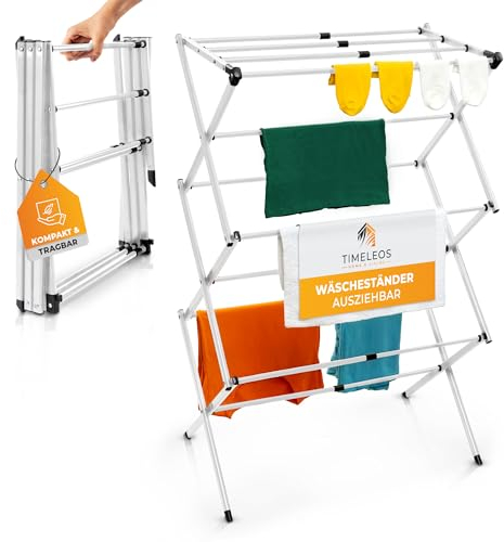 TIMELEOS Etendoir Linge Interieur Pliable - Sechoir a Linge Extensible, Robuste & Peu encombrant, 6 Niveaux avec 11 Barres, Tour à Linge Pliable et Extensible, seche Linge Durable, Blanc