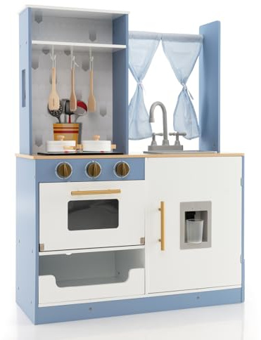 GOPLUS Cocinita Infantil de 95 cm, Cocina de Juguete de Madera con Grifo, Fogones, Horno y Accesorios, Cocinita de Madera con Espacio de Almacenamiento y Cortinas para Niños de 3+ Años